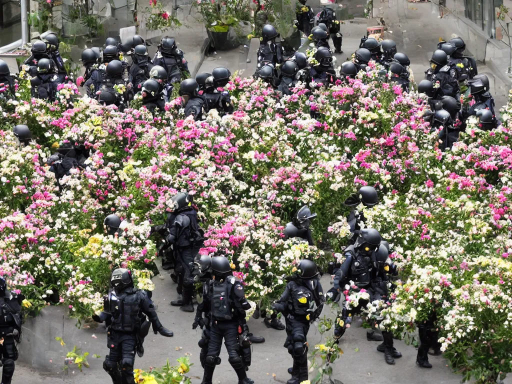 Prompt: riot police covered in flowers