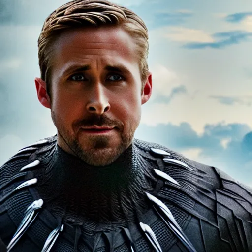 Image similar to ryan gosling as black panther, 4 k, high detail, high - resolution photograph, professional photography, ultra - detail