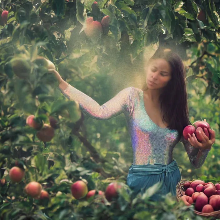 Prompt: a closeup portrait of a woman wearing an iridescent holographic bodysuit, picking apples from a tree, foggy, moody, photograph, by vincent desiderio, canon eos c 3 0 0, ƒ 1. 8, 3 5 mm, 8 k, medium - format print