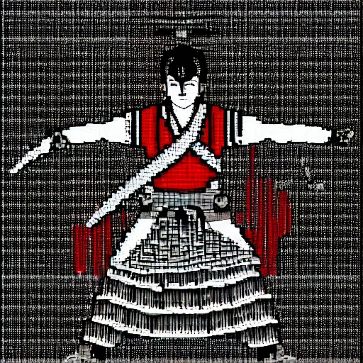 Prompt: Beautiful samurai pixel art by UltraIndigoNFT and Junji Ito , post-processing , kendo stance