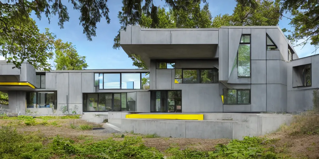 Prompt: large futuristic residence, gray and brown concrete, blue and yellow metal, many large green windows, cascadian, cuboid elements