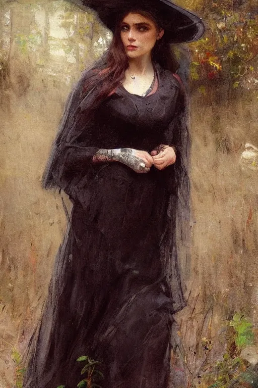 Image similar to Solomon Joseph Solomon and Richard Schmid and Jeremy Lipking victorian genre painting full length portrait painting of a young beautiful woman medieval witch