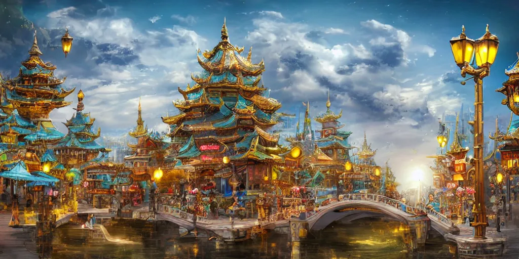 Image similar to fantasy city that combines eastern and western influences, with lampposts, bridge over the river