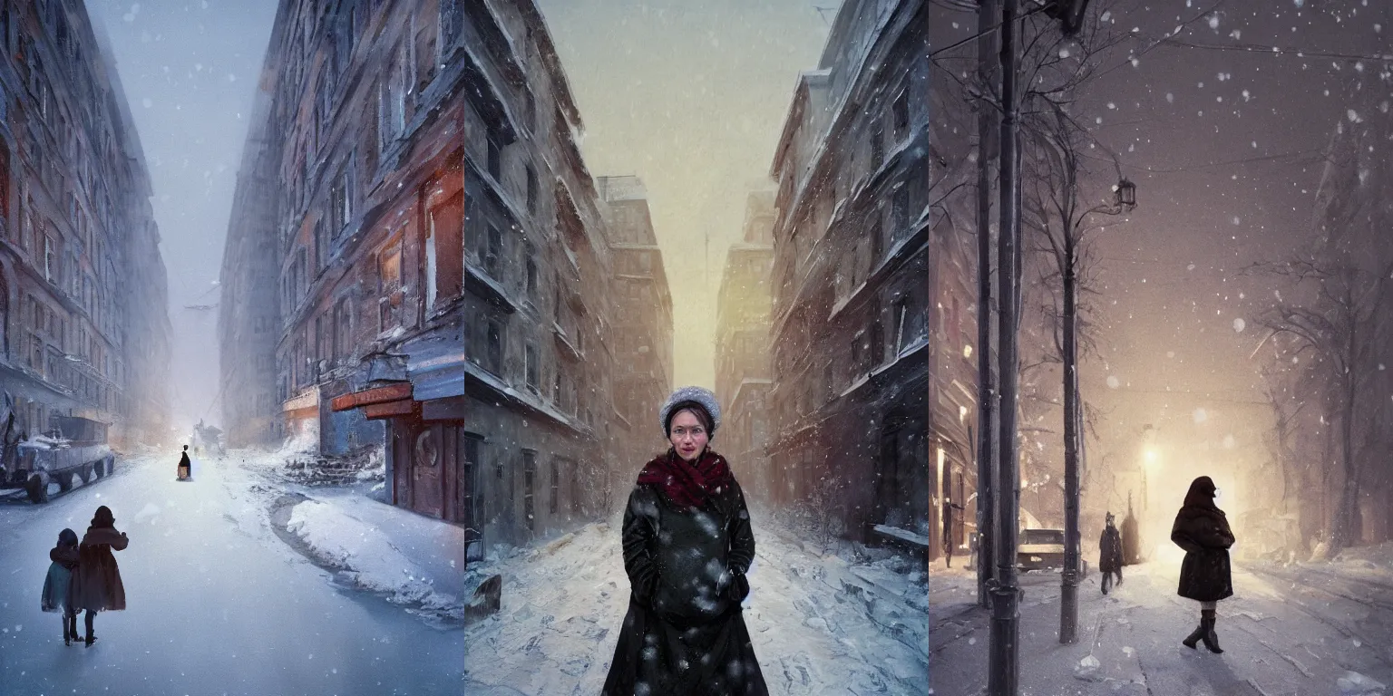 Prompt: full-length portrait of a pregnant woman on the street of besieged Leningrad in winter, detailed, volumetric lighting, scenery, digital painting, highly detailed, artstation, sharp focus, illustration, concept art, steve mccurry