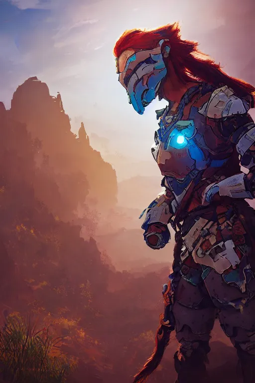 Image similar to combination suit armor aloy horizon forbidden west horizon zero dawn radiating a glowing aura global illumination ray tracing hdr fanart arstation by ian pesty and alena aenami artworks in 4 k tribal robot ninja mask helmet backpack