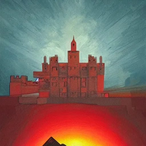 Prompt: a painting of a dreadful red sun over a castle with a waterfall in front of it. digital painting, vertical, intricate, beautiful, detailed, grunge, sharp focus, abstract art by el lissitzky and artgerm and kandinsky and kuvshinv, trending on artstation. gradient darker to bottom