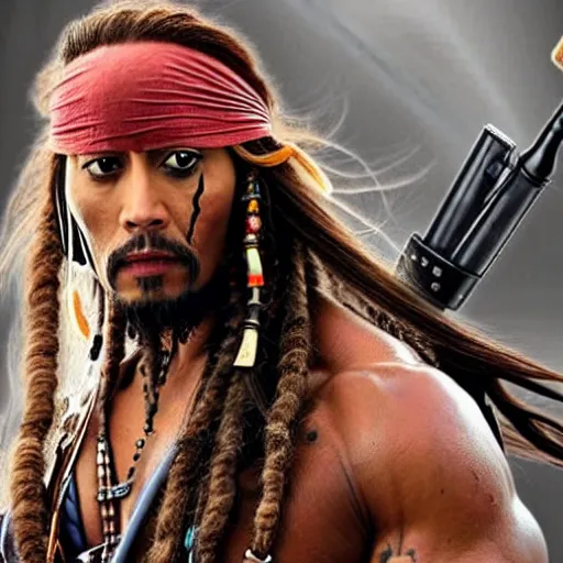 Image similar to Dwayne Johnson as jack sparrow, film still