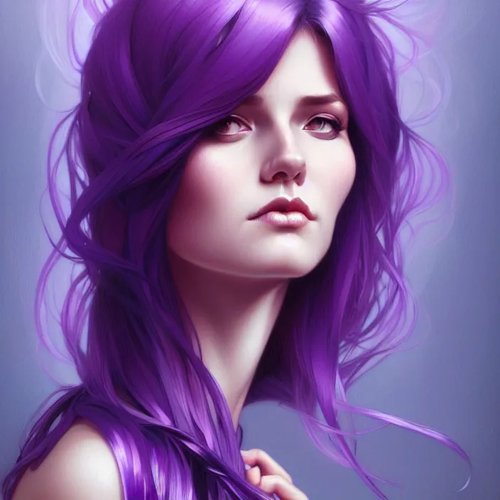 Image similar to Purple hair, creative colouring Portrait of woman, fashion, intricate, elegant, highly detailed, digital painting, artstation, concept art, smooth, sharp focus, illustration, art by artgerm and greg rutkowski and alphonse mucha