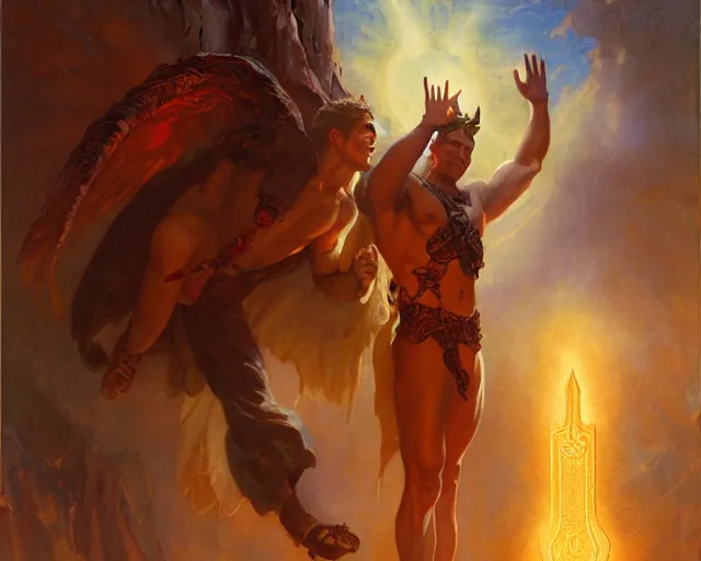 Image similar to attractive male deity, casting demonic magic, summoning handsome lucifer morning star. highly detailed painting by gaston bussiere, craig mullins, j. c. leyendecker 8 k