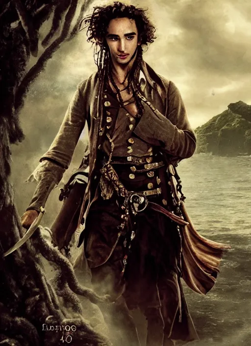 Image similar to a beautiful painting portrait movie poster of Robert Sheehan in Pirates of the Carribean 6, matte painting, fantasy art, dark but detailed digital art, highly detailed, a masterpiece trending on artstation. Robert Sheehan as a young but messy pirate and layabout in this HD preview poster