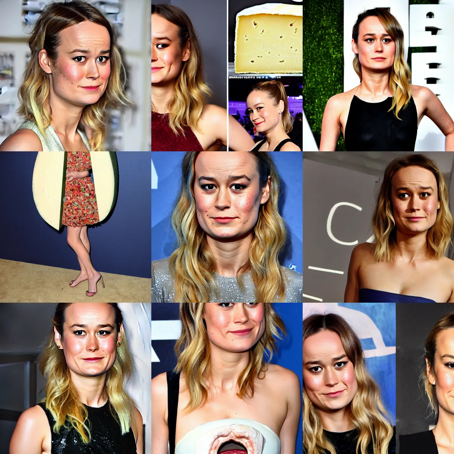 Prompt: brie larson has a giant brie cheese head