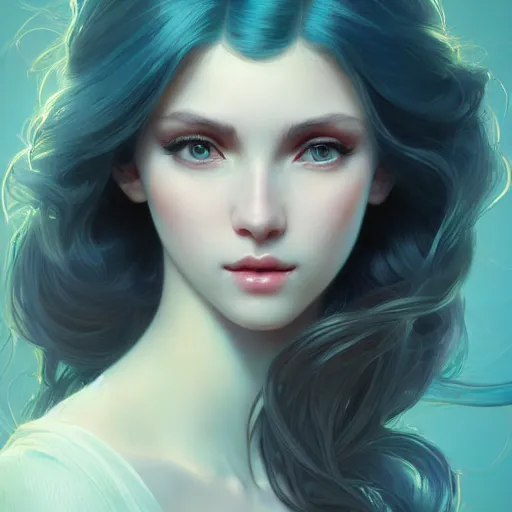 Image similar to beautiful girl with long turqoise hair, cute, intricate, highly detailed, digital painting, trending on artstation, concept art, smooth, sharp focus, illustration, unreal engine 5, 8 k, art by artgerm and greg rutkowski and alphonse mucha