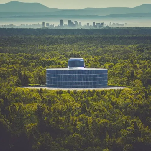 Image similar to sci fi nuclear containment building in an expansive river valley with tree and a city in the distance, a sense of hope and optimism, birds overhead, stark light, day time, unsplash, national geographic, hd, high res