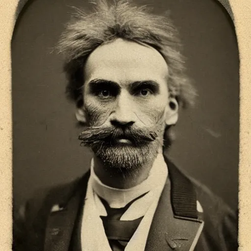 Image similar to A photograph portrait of Jerma985 with crazy hair and a pyramidal mustache in the late 1800s, taken in the late 1800s, 1870s, grainy, taken on a Field View Camera, realistic, hyperrealistic, very realistic, highly detailed, very detailed, extremely detailed, detailed, digital art, trending on artstation