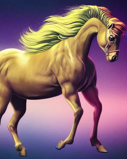 Image similar to digital horse, retrowave palette, highly detailed, anatomically correct equine, synth feel, smooth face, ear floof, flowing mane, no reins, super realism, accurate animal imagery, 4 k digital art