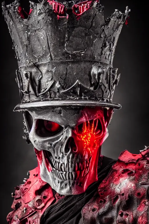 Prompt: the grim - hatter wears the scarlet skull armor and blood crown, cinematic lighting, various refining methods, micro macro autofocus, ultra definition, award winning photo