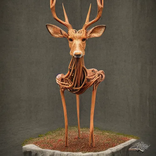 Image similar to hyperealistic sculpture of a deer with rusty pipes extruding from the body, body horror, mechanical bodies, scary, disturbing, eerie 8K, full hd