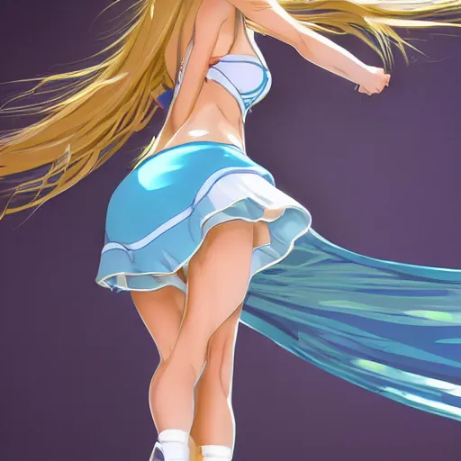 Image similar to a very beautiful young anime tennis girl, full body, long wavy blond hair, sky blue eyes, full round face,, bikini, miniskirt, front view, mid - shot, highly detailed, cinematic wallpaper by stanley artgerm lau