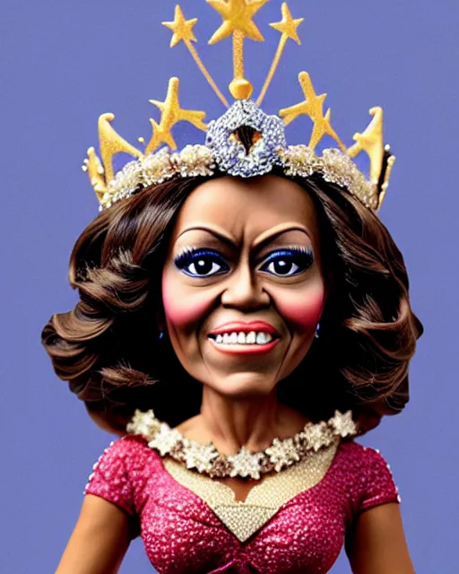 Prompt: closeup profile portrait of a tin toy michelle obama as a fairytale princess wearing a crown and sitting on a throne, bikini, hyper realistic, artstation, illustration, concept art by nicoletta ceccoli, mark ryden, lostfish, max fleischer, digital paint, matte paint, vivid colors, bright, cheerful, detailed and intricate environment