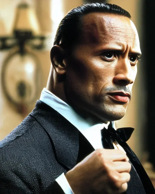 Image similar to film still close up shot of dwayne johnson as vito corleone from the movie the godfather. photographic, photography