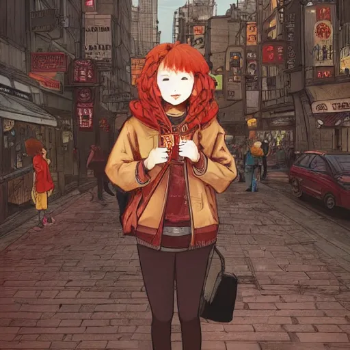 Image similar to A cute cartoon ginger girl with puffy red hair, wearing a brown jacket over a black hoodie in a busy asian city, digital art, Akihiko Yoshida