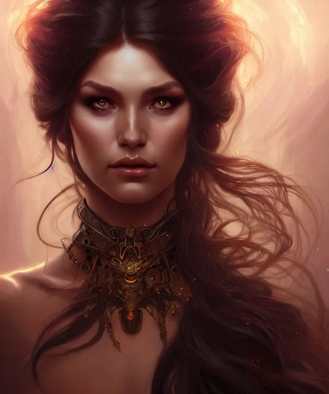 Image similar to fantasy magic woman portrait, sci-fi, amber eyes, face, long hair, fantasy, intricate, elegant, highly detailed, digital painting, artstation, concept art, smooth, sharp focus, illustration, art by artgerm and greg rutkowski and alphonse mucha