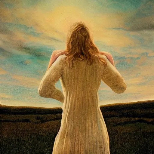 Image similar to Elle Fanning, head and shoulders masterpiece, apocalypse, golden hour, cosmic horror, artstation, in the style of Andrew Wyeth, extremely detailed