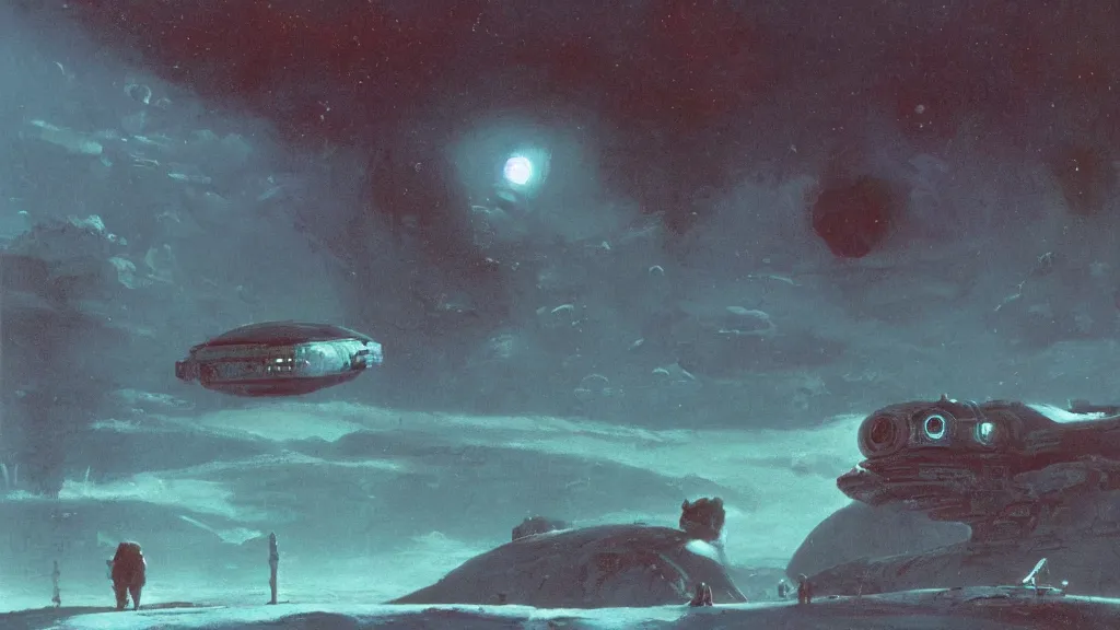 Image similar to eerie atmospheric alien planet with a small dropship pod landing by paul lehr and jack gaughan and john schoenherr, epic cinematic matte painting