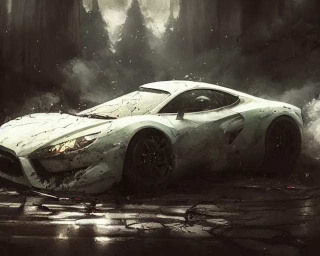 Image similar to a white super car crash, horror scene, dramatic, anime art, Greg Rutkowski, studio ghibli, dramatic lighting