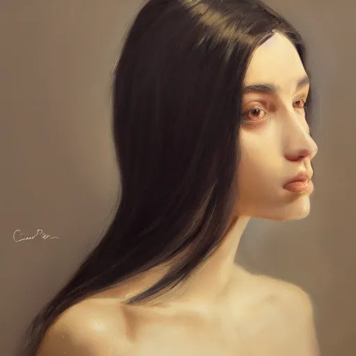 Prompt: An oil painting of a girl dressed in priest robes, 23 years old, (chad jaw line), long black hair, sharp facial features, beautiful, highly detailed, by Cédric Peyravernay, trending on artstation