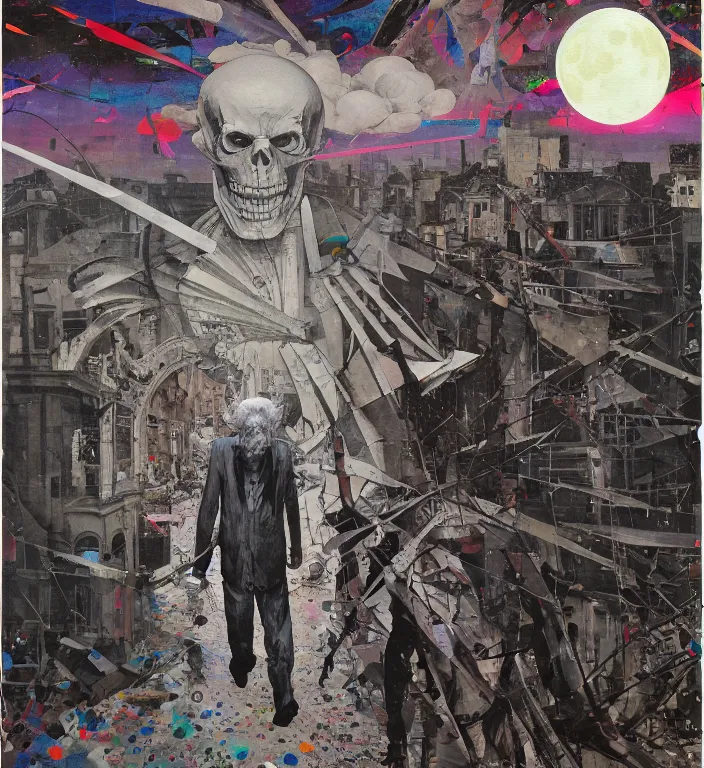 Prompt: decollage painting old man walking through the streets of ruined city under the huge moon with a skeleton shining through his chest by adrian ghenie and takato yamamoto and edward hopper and mark ryden and tsutomu nihei, part by bridget riley, acrylic pour and splashing paint, very coherent, baroque elements, perfect anatomy, intricate design. pop art.