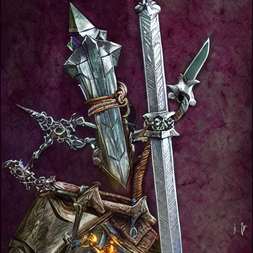 Prompt: dungeons and dragons, loot, jem encrusted epic two hander sword, equipment, very detailed, beautiful, fantasy art