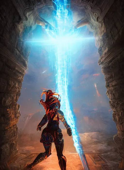 Image similar to An epic fantasy comic book style painting of a laser Shipibo textile doorway to eternity, unreal 5, DAZ, hyperrealistic, octane render, cosplay, RPG portrait, dynamic lighting
