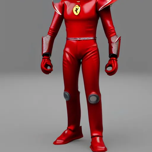 Image similar to Tokusatsu character based on Ferrari, red mechanical skinny body, chest plate with Ferrari logo, stylized motorcycle helmet, unreal engine, 3D model