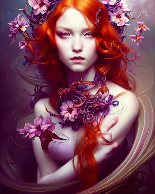 Prompt: Beautiful, evil and playful ethereal ginger portrait, art nouveau, fantasy, intricate flower designs, elegant, highly detailed, sharp focus, art by Artgerm and Alex Ross Tran and WLOP