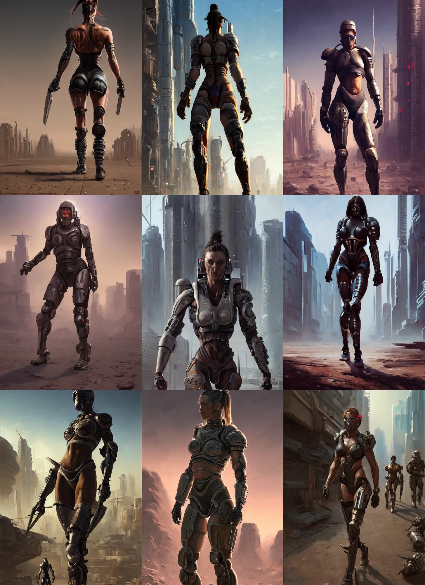 Prompt: realist painting of a muscular female warrior in full body biobooster armor walking across a cyberpunk wasteland with no helmet, attractive female face, symmetrical face details, ultra realistic, very highly detailed, 8K, octane, Digital painting, concept art, illustration, rule of thirds, sharp focus, centered, The style of Syd Mead