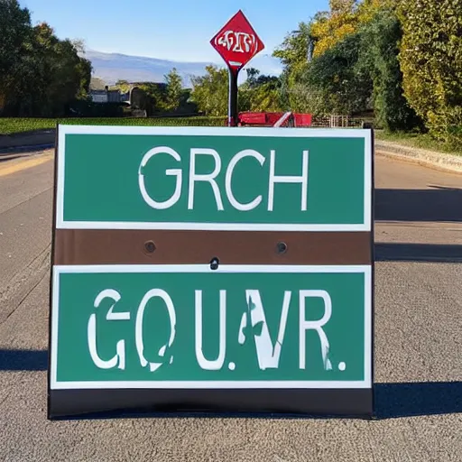 Image similar to a cardboard sign that says gxrch posted at a suburban street corner, photograph