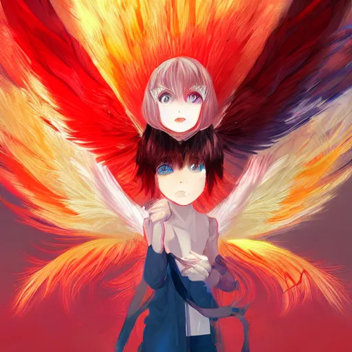 Image similar to anime painting frantic cute fiery bird zipping around, wanting to explore and investigate everything. it\'s curiosity is unbounded and insatiable, digital art, trending on artstation, stylized, colorful feathers, anime art by Kuvshinov Ilya, lariennechan, Aokamei