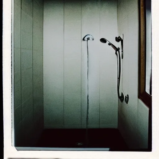 Image similar to a Polaroid photo of a shower that has a water pump and heater connected to it so the water flows from the drain back in to the shower head, beams of light, nostalgic