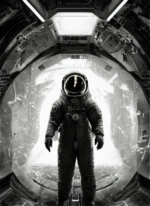 Image similar to complex poster art by craig mullins astronaut in futuristic dark and empty spaceship underwater. infrared glowing lights. complex and hyperdetailed technical suit. reflection and dispersion materials. rays and dispersion of light. volumetric light. 5 0 mm, f / 3 2. noise film photo. flash photography. unreal engine 4, octane render. interstellar movie poster