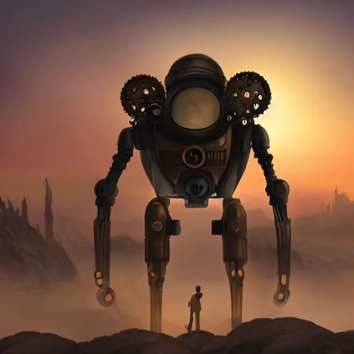 Image similar to a steampunk mech on an alien planet, at sunset with smog