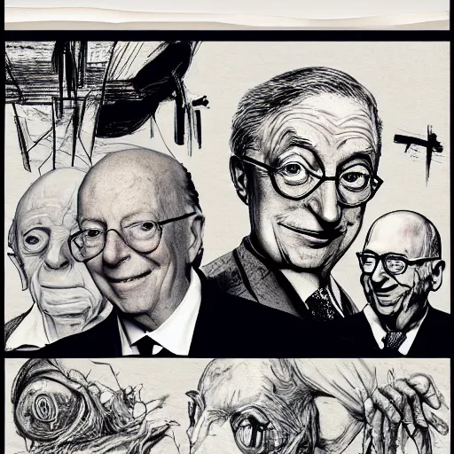 Image similar to Jacob Rothschild and george soros and bill gates and Klaus Schwab by Ralph Steadman, dollar bills, body horror, evil, scribbles biopunk, 8k , trending on artstation