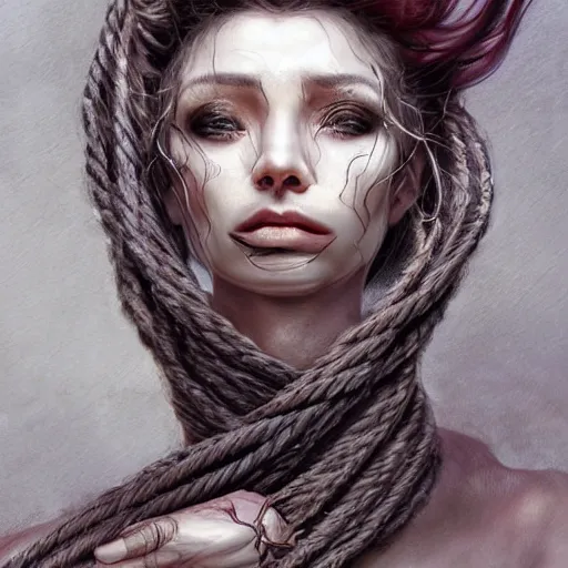 Image similar to portrait of a Shibari rope wrapped face and neck, headshot, insanely nice professional hair style, dramatic hair color, digital painting, of a old 13th century, traveler, amber jewels, baroque, ornate clothing, scifi, realistic, hyperdetailed, chiaroscuro, concept art, art by Franz Hals and Jon Foster and Ayami Kojima and Amano and Karol Bak,