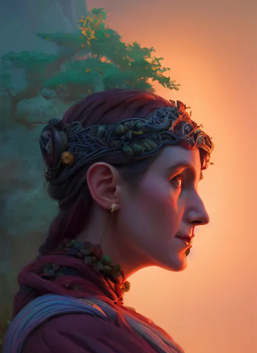 Prompt: side profile centered painted portrait, livvy dunne as female tea ore forest druid, d & d, gloomhaven, matte painting concept art, art nouveau, beautifully backlit, swirly vibrant color lines, fantastically gaudy, aesthetic octane render, 8 k hd resolution, by ilya kuvshinov and cushart krentz and gilleard james