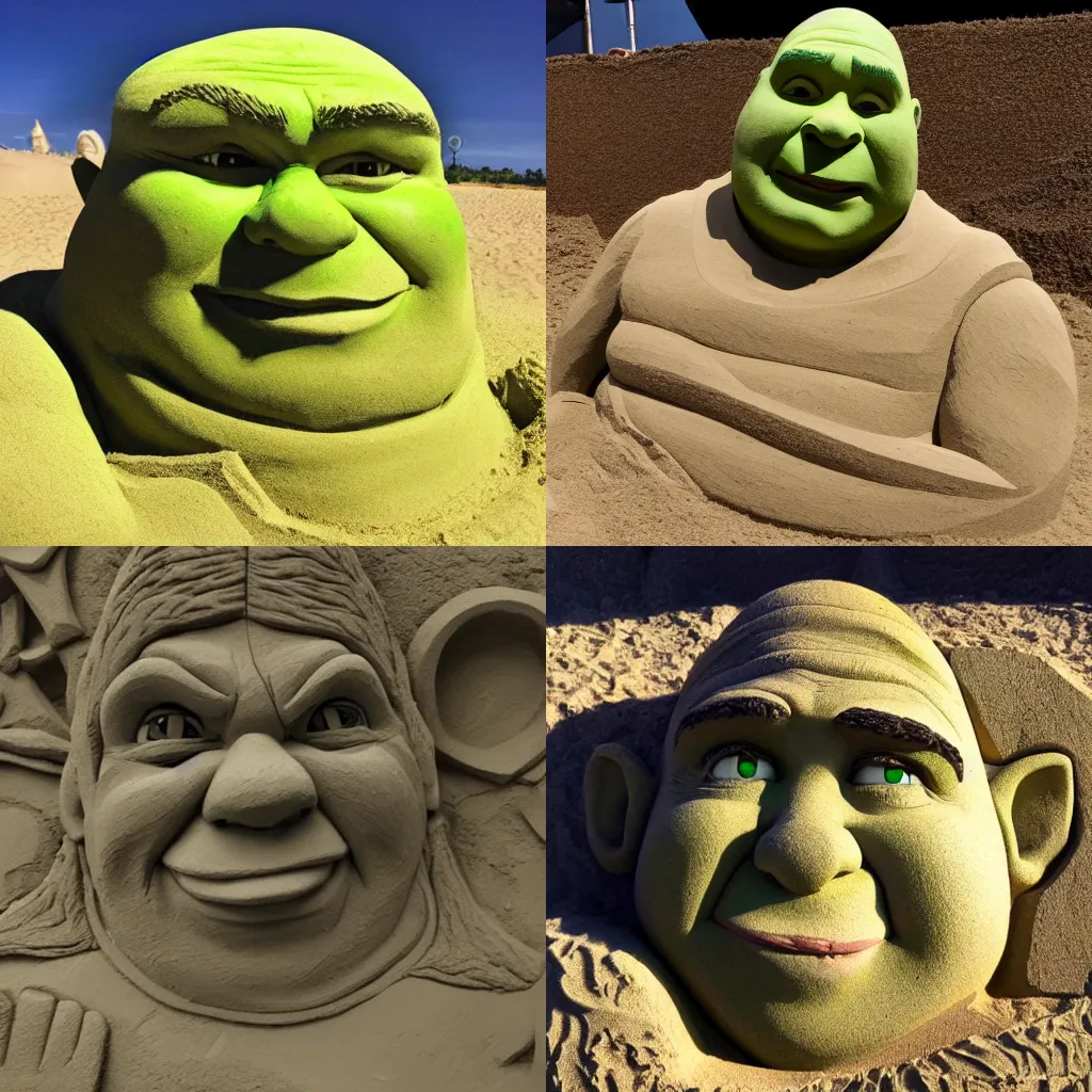 Prompt: Award Winning Photo Of A Sand Sculpture Of Shrek, 8K, Photorealistic