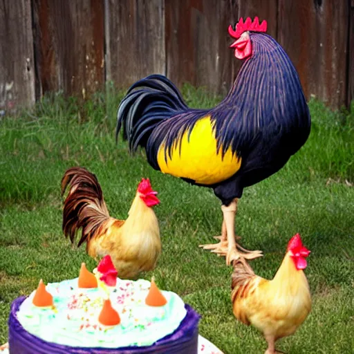 Image similar to realistic true to life photo in a barnyard where 1 rooster and 1 light yellow baby chick pick at a birthday cake