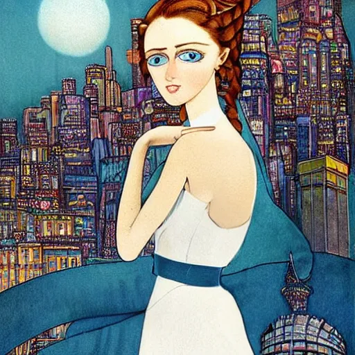 Image similar to A beautiful digital art of a young woman with big blue eyes. She has long lashes and a small mouth. Her hair is pulled back in a bun with a few stray hairs falling down. She's wearing a white dress with a blue sash and a blue scarf around her neck. In the background is a cityscape with tall buildings. by Kay Nielsen bold