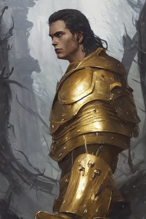 Image similar to a masculine elegant man from sideview with large shoulders, armor, and wearing golden laurel wreath, ethereal horror fantasy art by greg rutkowski and magali villanueve and monet con