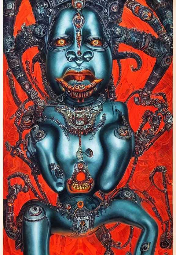 Image similar to biomechanical alien robot goddess kali, female, intense stare, sarcastic smile, symmetrical, concept art, intricate detail, volumetric shadows and lighting, realistic oil painting, 1 9 7 0 psychedelic soviet poster,