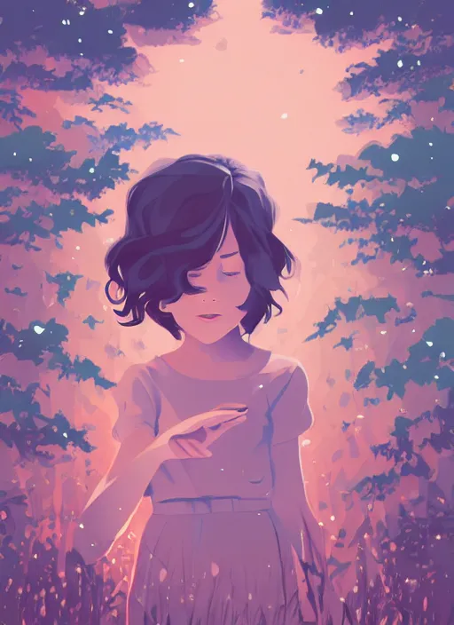 Image similar to little girl with short wavy curly light brown hair chasing fireflies in the woods. clean cel shaded vector art. shutterstock. behance hd by lois van baarle, artgerm, helen huang, by makoto shinkai and ilya kuvshinov, rossdraws, illustration, art by ilya kuvshinov